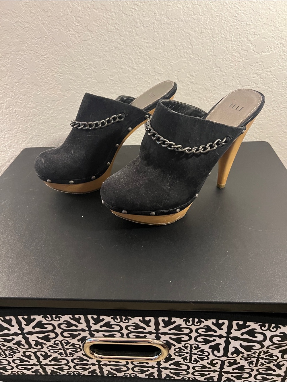Elle Black Suede Platform Mule with Chain Accent